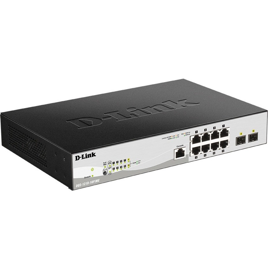 D-Link 10/100/1000BASE-T PoE + 2 1G SFP Ports L2 Management Switch - 8 Ports - Manageable - Gigabit Ethernet - 3 Layer Supported - Modular - 2 SFP Slots - Power Supply - Twisted Pair, Optical Fiber - 1U High - Rack-mountable - DGS-1210-10P/ME