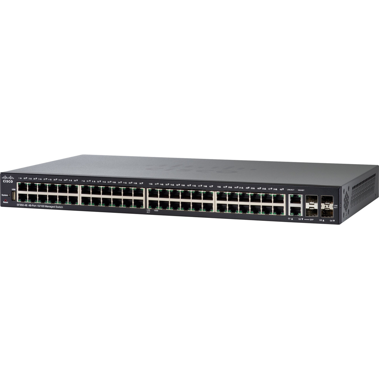 Cisco SF350-48 48-Port 10 100 Managed Switch - 48 Ports - Manageable - Gigabit Ethernet, Fast Ethernet - 10/100Base-TX, 1000Base-X, 10/100/1000Base-TX - 3 Layer Supported - Modular - 2 SFP Slots - SF350-48-K9-NA