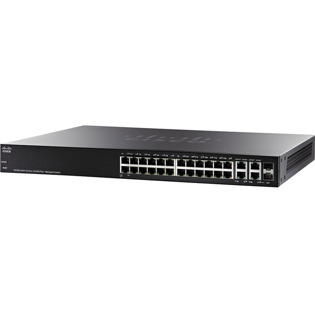 Cisco SF300-24P Layer 3 Switch - 16 Ports - Manageable - Gigabit Ethernet, Fast Ethernet - 10/100/1000Base-T, 1000Base-X - Refurbished - 3 Layer Supported - 2 SFP Slots - Twisted Pair, Optical Fiber - SRW224G4P-K9-NA-RF