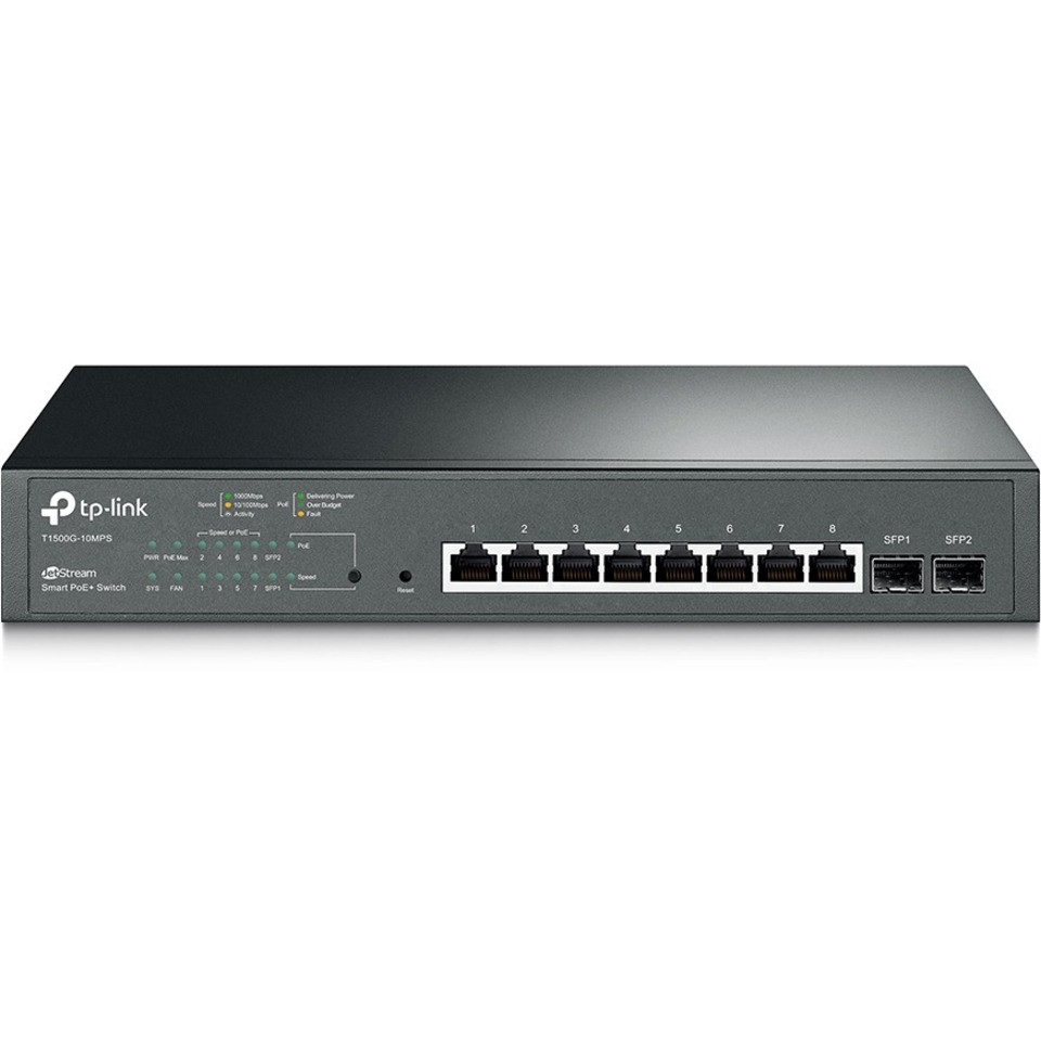 TP-Link JetStream 8-Port Gigabit Smart PoE+ Switch with 2 SFP Slots - 8 Ports - Manageable - Gigabit Ethernet - 1000Base-T, 1000Base-X - 2 Layer Supported - Modular - 2 SFP Slots - Power Supply - Twisted Pair, Optical Fiber - T1500G-10MPS