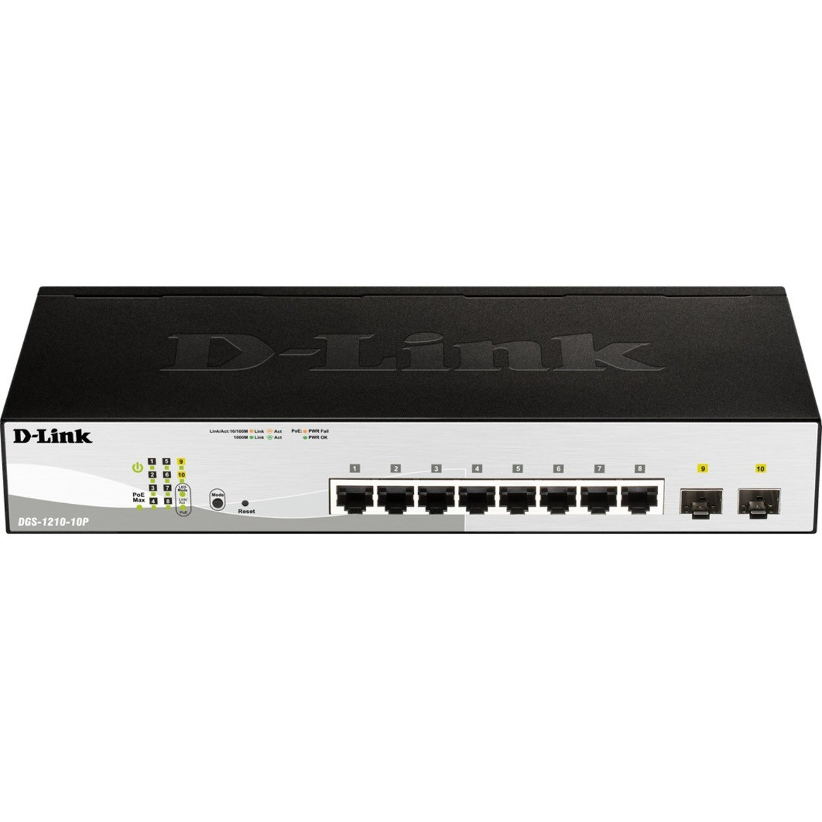 D-Link Ethernet Switch - 8 Ports - Manageable - Gigabit Ethernet - 1000Base-T, 1000Base-X - 3 Layer Supported - Modular - 2 SFP Slots - Power Supply - Twisted Pair, Optical Fiber - Lifetime Limited Warranty - DGS-1210-10MP