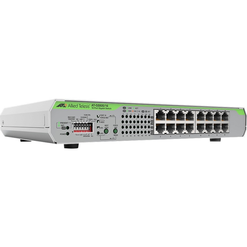Allied Telesis 16-Port 10/100/1000T UnManaged Switch With Internal PSU - 16 Ports - Gigabit Ethernet - 10/100/1000Base-T - 2 Layer Supported - Twisted Pair - Desktop, Rack-mountable, Wall Mountable - AT-GS920/16-10