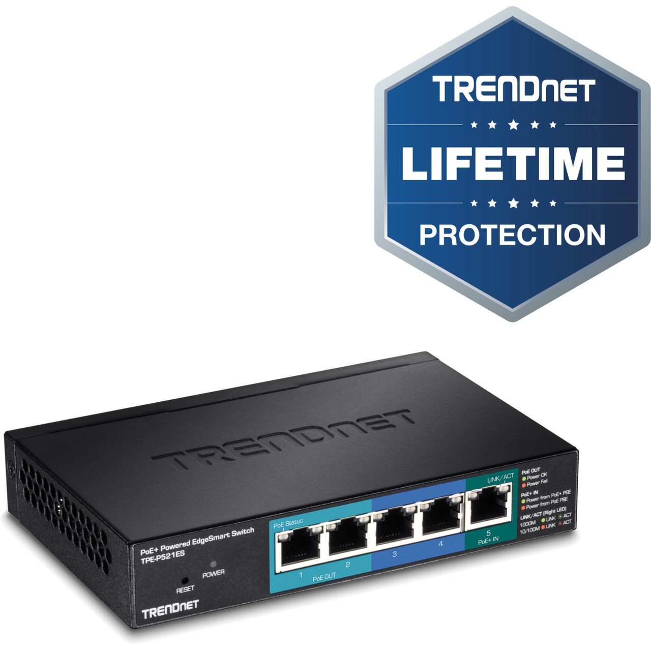 Trendnet 5-Port Gigabit PoE+ Powered EdgeSmart Switch With PoE Pass Through, 18W PoE Budget, 10Gbps Switching Capacity, Managed Switch, Wall-Mountable, Lifetime Protection, Black, TPE-P521ES - TPE-P521ES Trendnet 5-Port Gigabit PoE+ Powered EdgeSmart Switch With PoE Pass Through, 18W PoE Budget, 10Gbps Switching Capacity, Managed Switch, Wall-Mountable, Lifetime Protection, Black, TPE-P521ES - TPE-P521ES