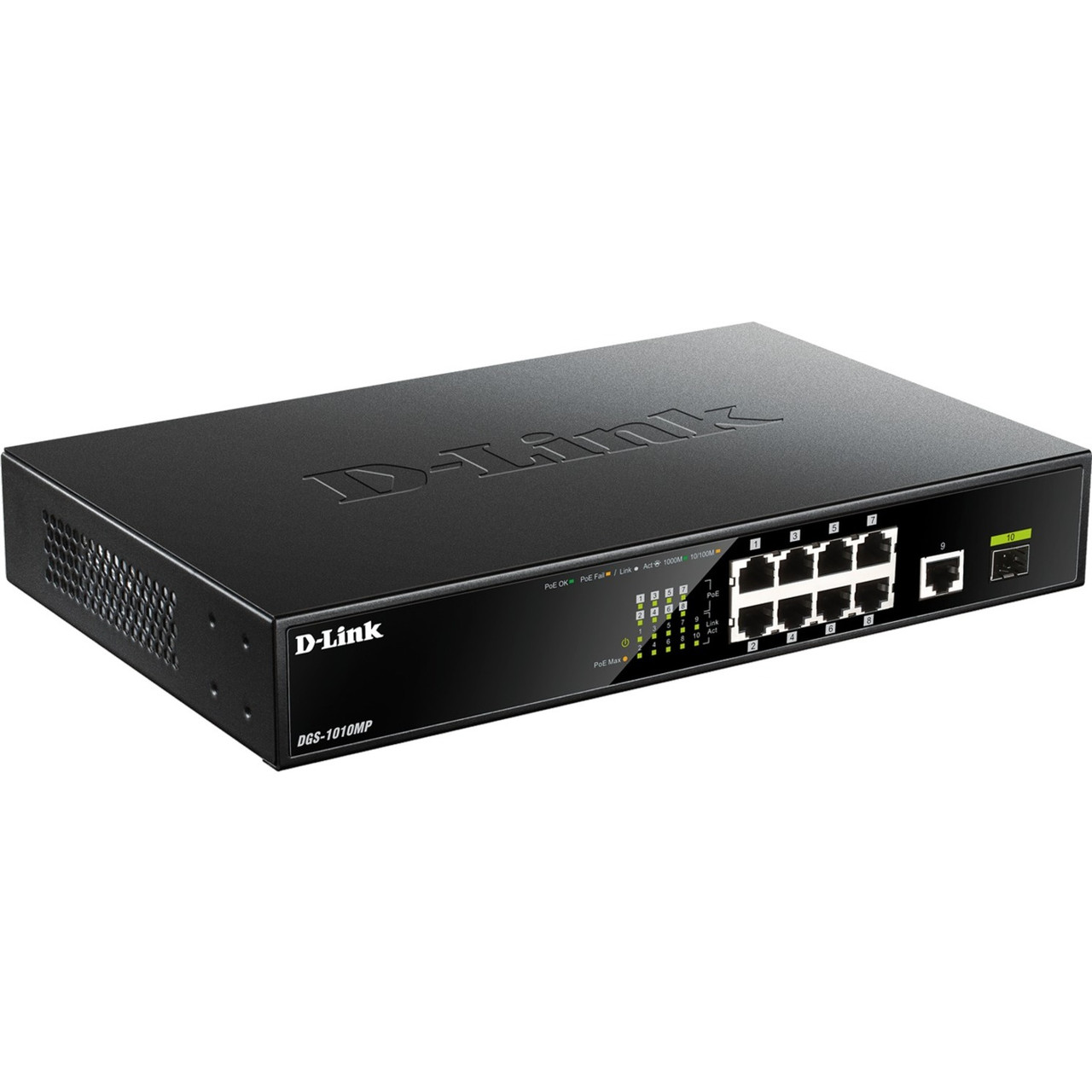 D-Link 10-Port Gigabit Rackmount PoE Switch - 8 Ports - 2 Layer Supported - Modular - 1 SFP Slots - Twisted Pair, Optical Fiber - 1U High - Desktop - DGS-1010MP
