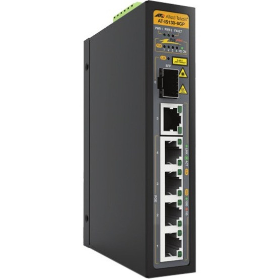 Allied Telesis Industrial Un-Managed Layer 2 Switch, PoE+ Support - 5 Ports - 2 Layer Supported - Modular - 1 SFP Slots - Optical Fiber, Twisted Pair - DIN Rail Mountable, Wall Mountable - AT-IS130-6GP-80
