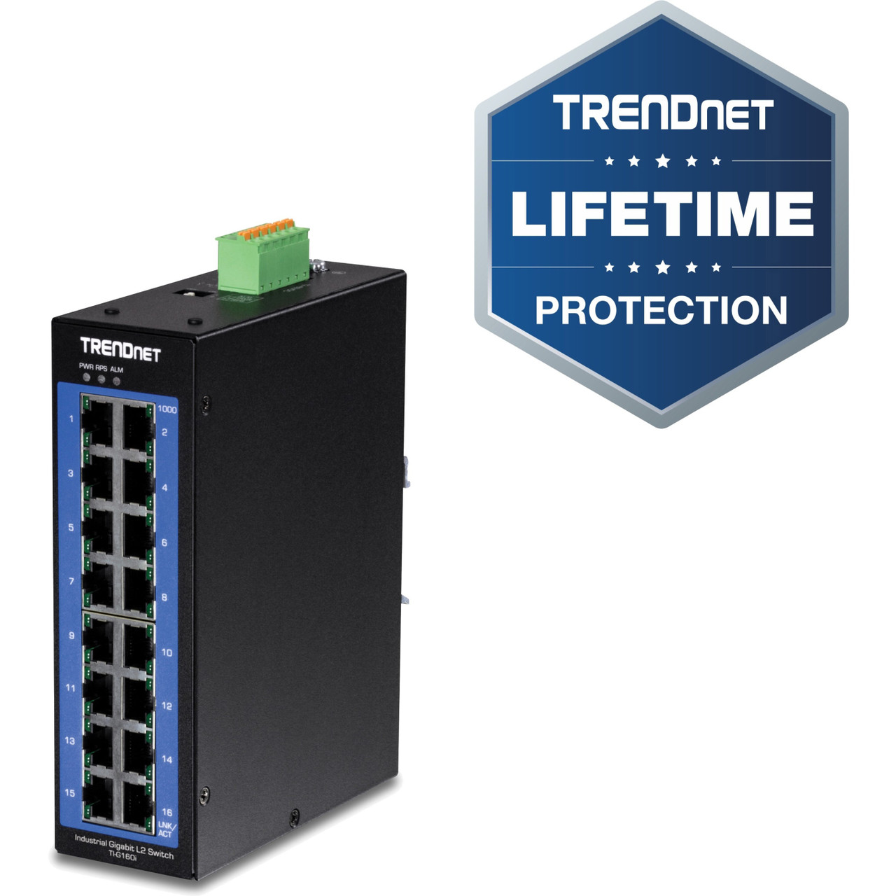 Trendnet 16-Port Industrial Gigabit L2 Managed DIN-Rail Switch, Layer 2 Switch, 16 x Gigabit Ports, 32Gbps Switching Capacity, Extreme Temperature Gigabit Switch, Lifetime Protection, Black, TI-G160i - TI-G160I