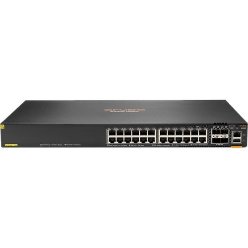 HPE 6200F 24G Class4 PoE 4SFP+ 370W Switch - 24 Ports - Manageable - 3 Layer Supported - Modular - 65 W Power Consumption - 370 W PoE Budget - Twisted Pair, Optical Fiber - PoE Ports - Rack-mountable - Lifetime Limited Warranty JL725A#ABA