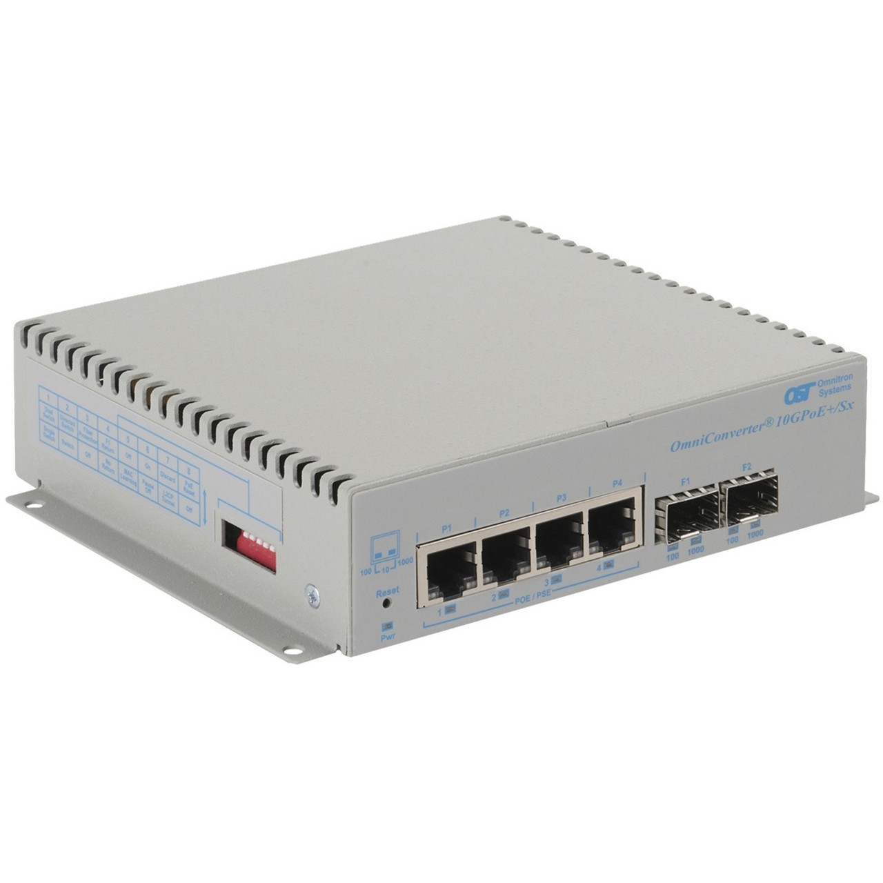 Omnitron OmniConverter 10GPoE+/Sx PoE+, 2xSFP/SFP+, 4xRJ-45, 1xDC Powered Wide Temp - 6 Ports - 2 Layer Supported - Modular - 30 W PoE Budget - Optical Fiber, Twisted Pair - PoE Ports - Wall Mountable - 9581-0-24-9W