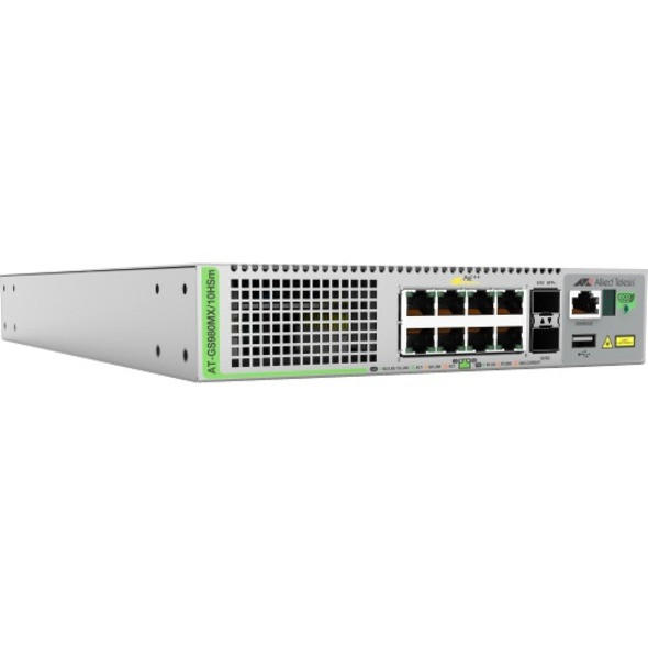 Allied Telesis CentreCOM GS980MX/10HSM Layer 3 Switch - 8 Ports - Manageable - 5 Gigabit Ethernet, 10 Gigabit Ethernet - 5GBase-T, 10GBase-X - 3 Layer Supported - Modular - 60 W Power Consumption - 500 W PoE Budget - AT-GS980MX/10HSM-10