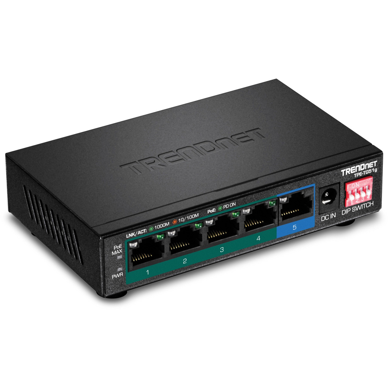 Trendnet 5-Port Gigabit PoE+ Switch, Camera DIP Switch extends PoE+ 200m (656 ft.), 60W PoE Budget, Black, TPE-TG51g - TPE-TG51g