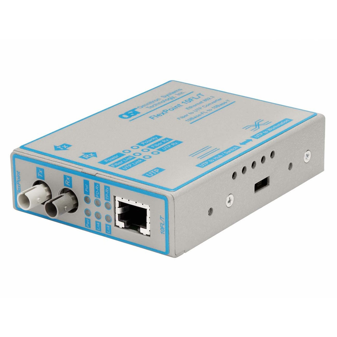 Omnitron Flexpoint 10Mbps Ethernet Fiber Media Converter RJ45 ST Multimode 2km - 1 x 10BASE-T; 1 x 10BASE-FL; Univ. AC Powered; Lifetime Warranty - 4300-2