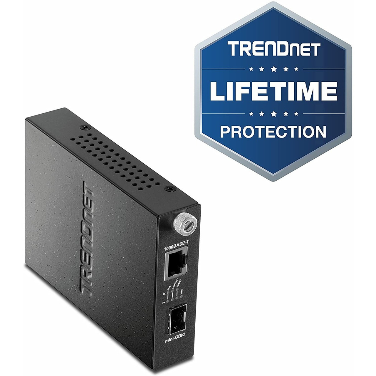 Trendnet 100/1000Base-T To SFP Fiber Media Converter, Fiber To Ethernet Converter, 1 x 10/100/1000Base-T RJ-45 Port,1 x Mini-GBIC Slot, Lifetime Protection, Black, TFC-1000MGA - TFC-1000MGA