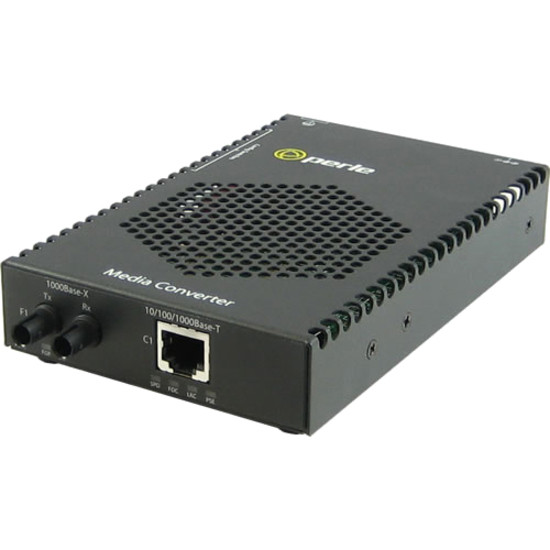 Perle S-1110P-M2ST05-XT Media Converter - 1x PoE (RJ-45) Ports - 1 x ST Ports - Multi-mode - 10/100/1000Base-T, 1000Base-SX - 0.55 km - Desktop, Rail-mountable, Rack-mountable, Wall Mountable - 05090510