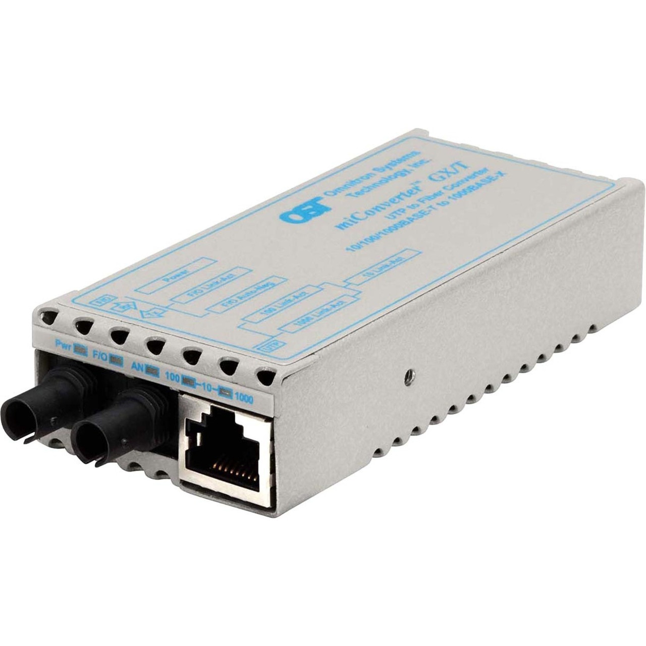 Omnitron miConverter 10/100/1000 Gigabit Ethernet Fiber Media Converter RJ45 ST Multimode 550m - 1 x 10/100/1000BASE-T; 1 x 1000BASE-SX; US AC Powered; Lifetime Warranty - 1220-0-1