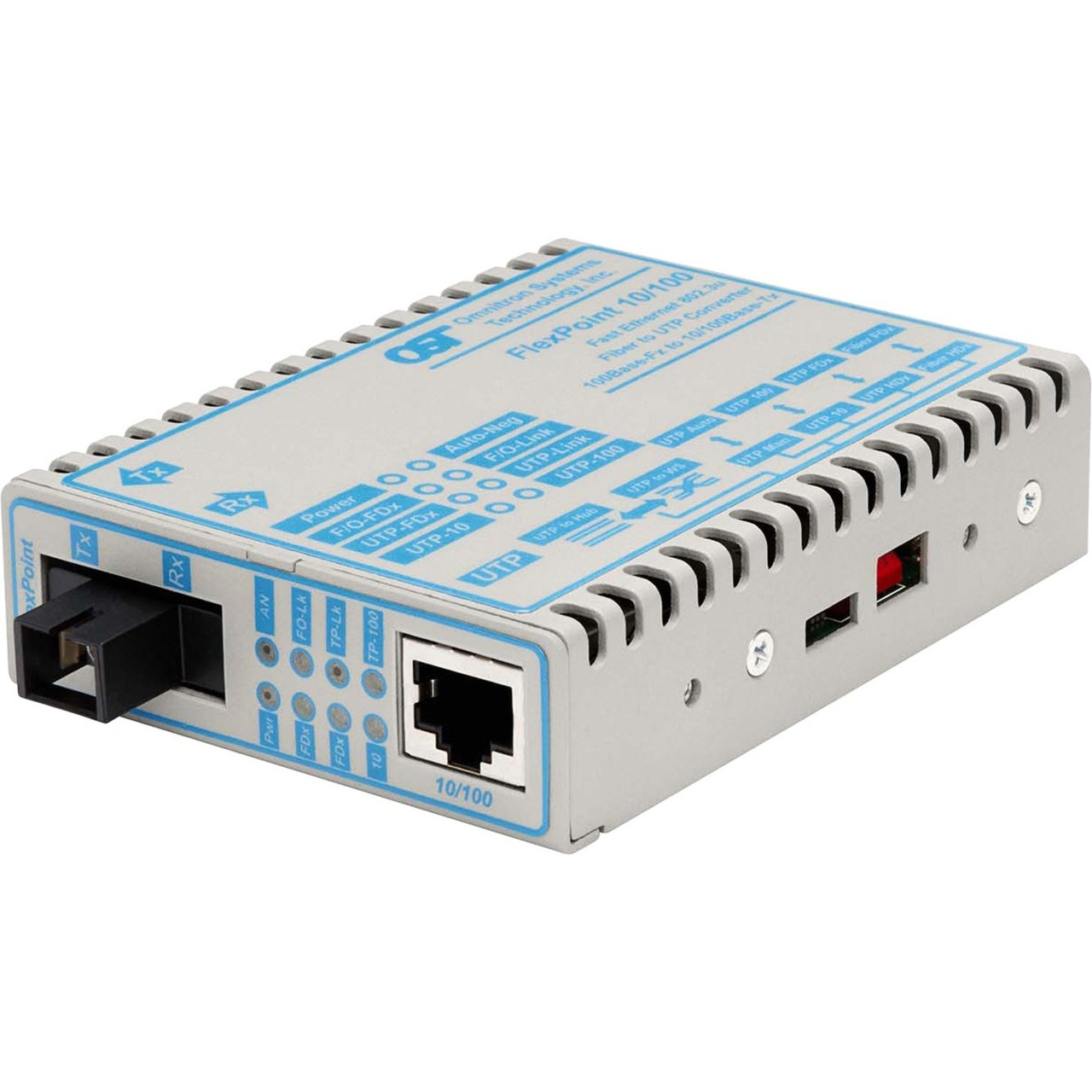 Omnitron Flexpoint 10/100 Ethernet Fiber Single-Fiber Media Converter RJ45 SC Single-Mode BiDi 20km - 1 x 10/100BASE-TX; 1 x 100BASE-BX-D; (1550/1310); US AC Powered; Lifetime Warranty - 4357-21