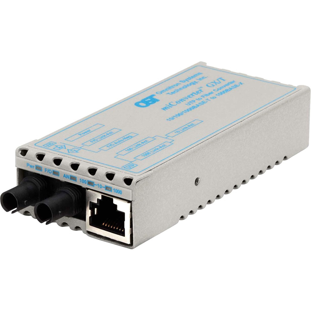 Omnitron miConverter 10/100/1000 Gigabit Ethernet Fiber Media Converter RJ45 ST Single-Mode 12km - 1 x 10/100/1000BASE-T; 1 x 1000BASE-LX; US AC Powered; Lifetime Warranty - 1221-1-1