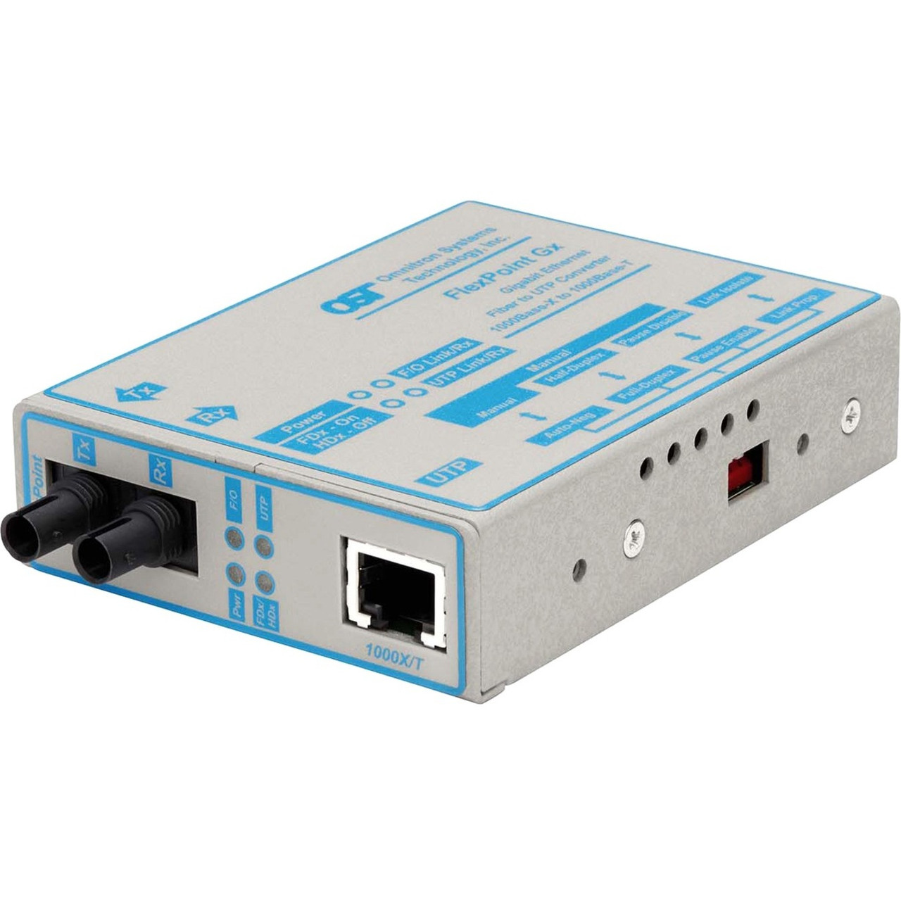 Omnitron Flexpoint 1000Mbps Gigabit Ethernet Fiber Media Converter RJ45 ST Single-Mode 12km - 1 x 1000BASE-T; 1 x 1000BASE-LX; No Power Adapter; Lifetime Warranty - 4377-0