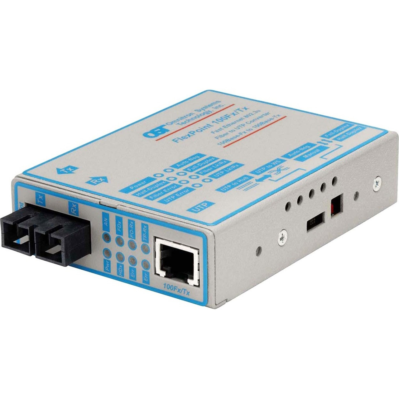 Omnitron Flexpoint 100Mbps Ethernet Fiber Media Converter RJ45 SC Single-Mode 30km - 1 x 100BASE-TX; 1 x 100BASE-LX; No Power Adapter; Lifetime Warranty - 4331-0