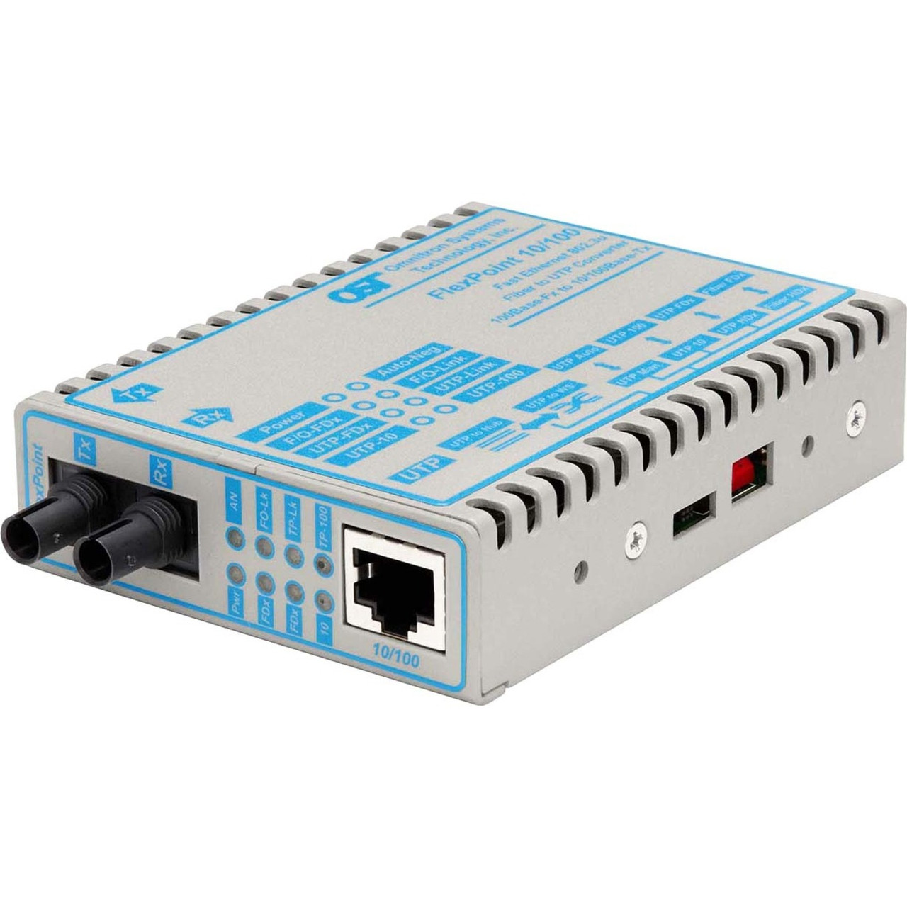 Omnitron Flexpoint 10/100 Ethernet Fiber Media Converter RJ45 ST Single-Mode 30km - 1 x 10/100BASE-TX; 1 x 100BASE-LX; US AC Powered; Lifetime Warranty - 4343-1
