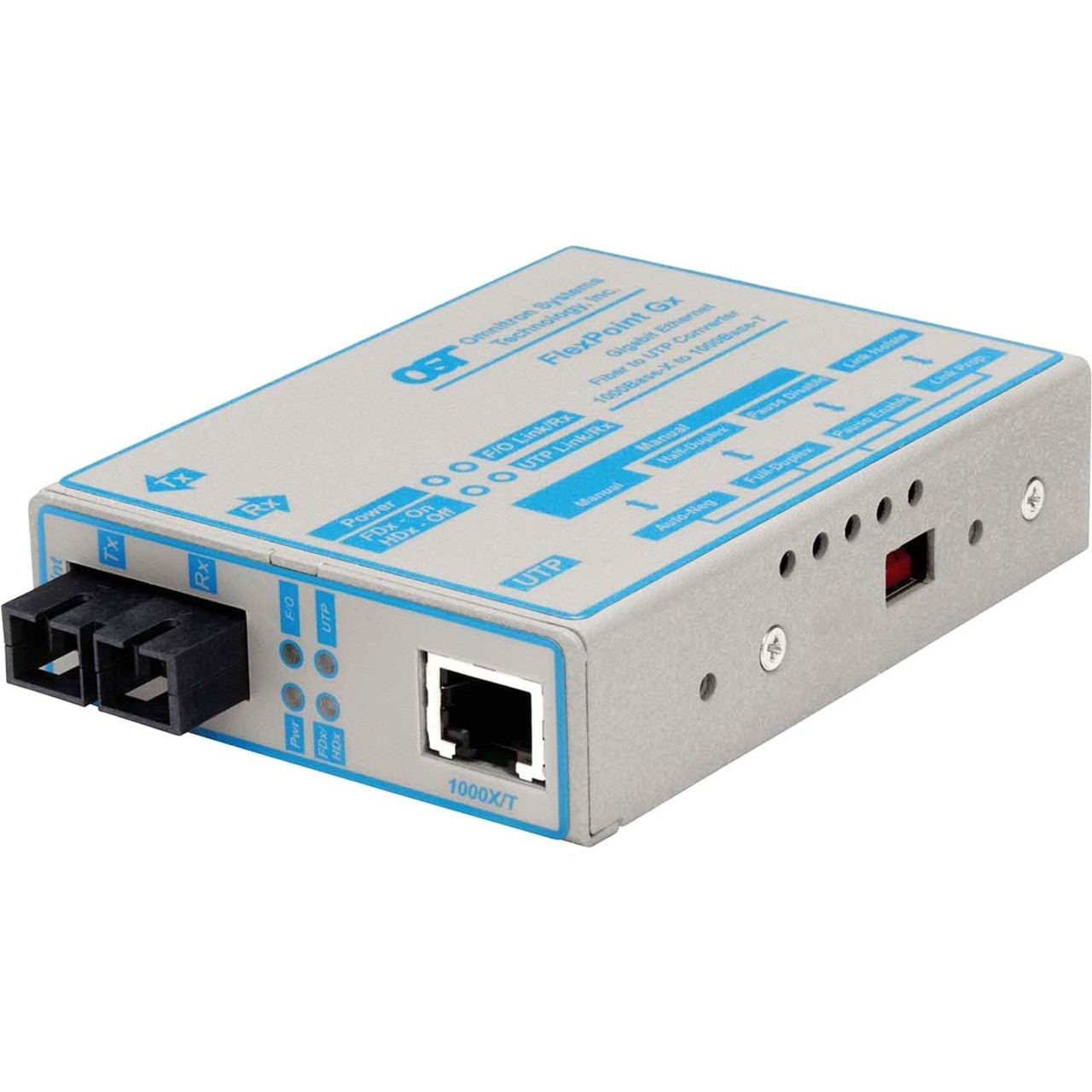 Omnitron Flexpoint 1000Mbps Gigabit Ethernet Fiber Media Converter RJ45 SC Single-Mode 12km - 1 x 1000BASE-T; 1 x 1000BASE-LX; US AC Powered; Lifetime Warranty - 4371-0