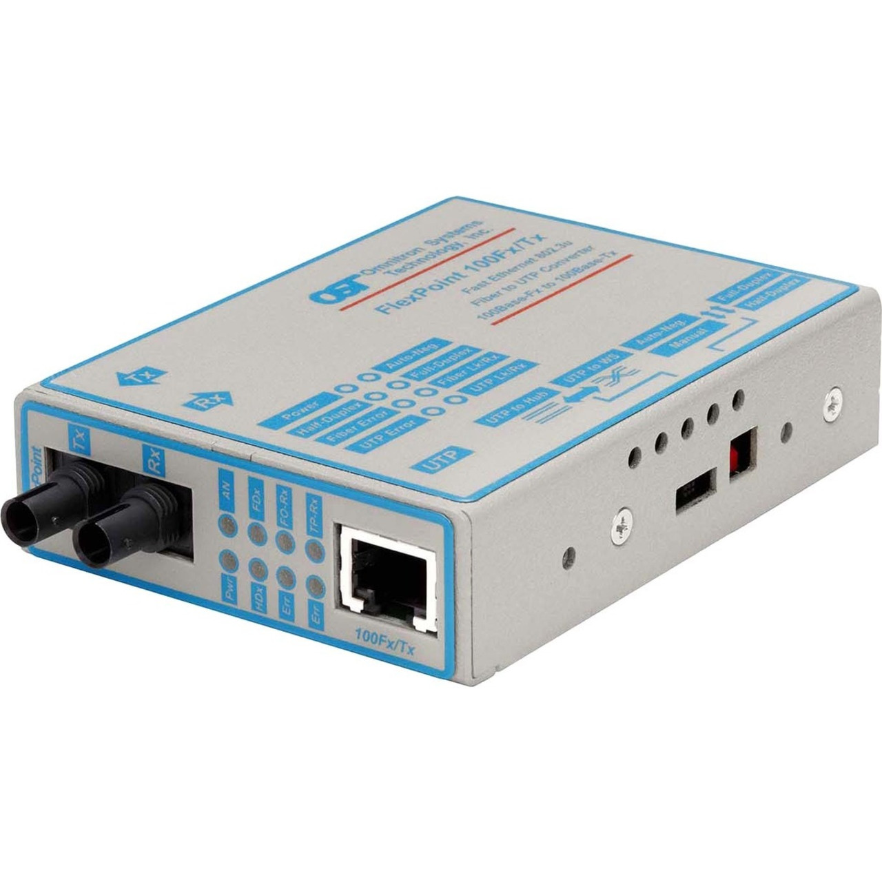 Omnitron Flexpoint 100Mbps Ethernet Fiber Media Converter RJ45 ST Multimode 5km - 1 x 100BASE-TX; 1 x 100BASE-FX; No Power Adapter; Lifetime Warranty - 4332-0