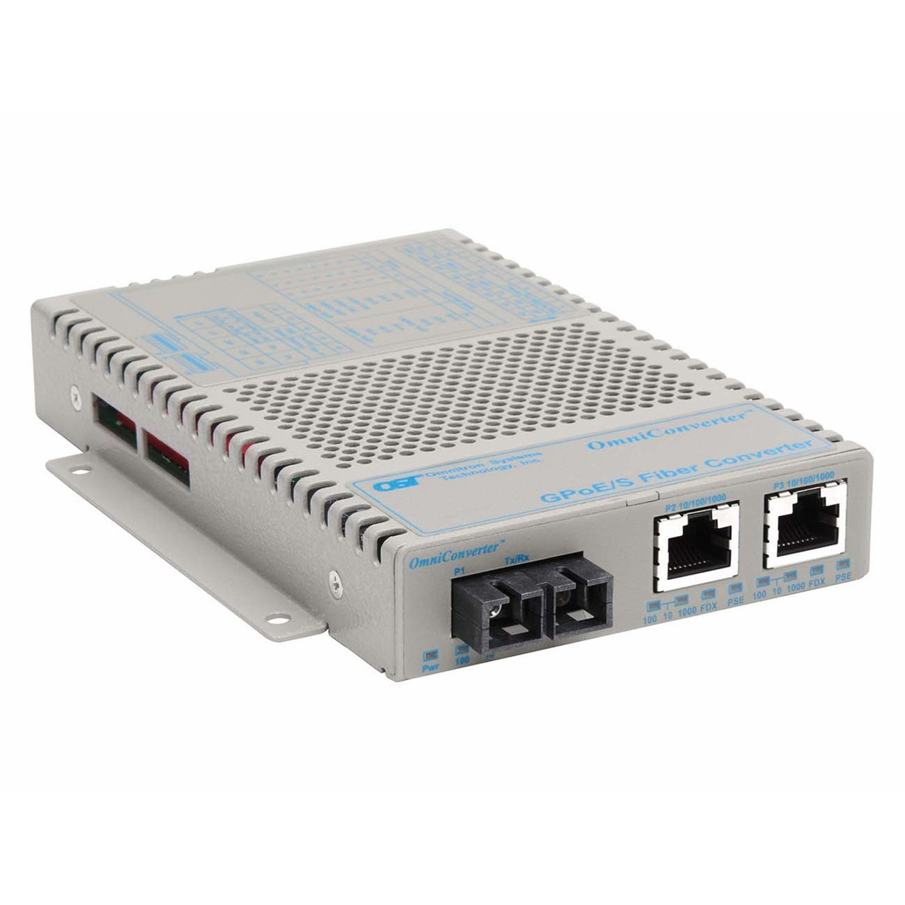 Omnitron OmniConverter 10/100/1000 PoE Gigabit Ethernet Fiber Media Converter Switch RJ45 SC Single-Mode 12km Extended Temp - 2 x 10/100/1000BASE-T; 1 x 1000BASE-LX; US AC Powered; Lifetime Warranty - 9403-1-21Z