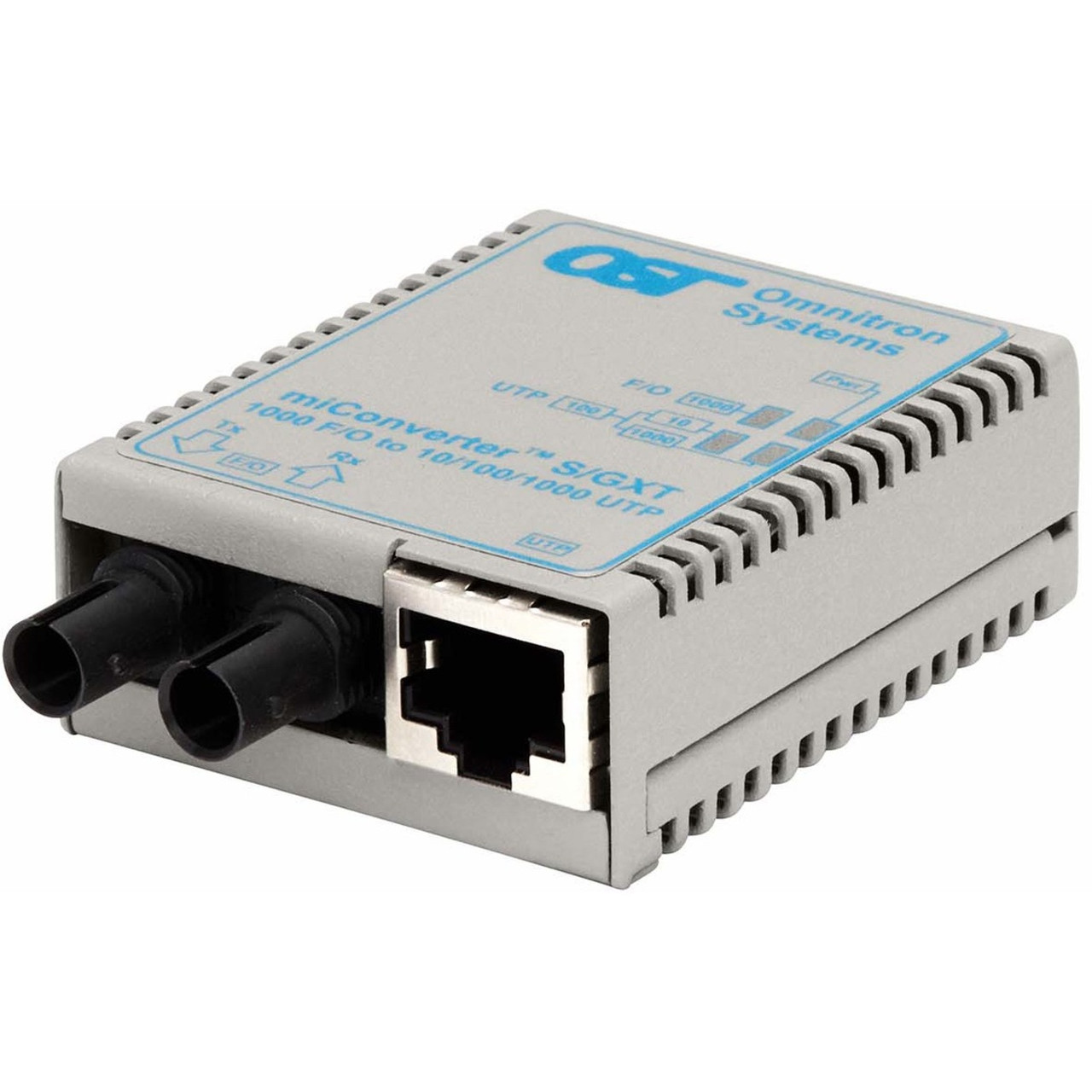 Omnitron miConverter/S 10/100/1000 Gigabit Ethernet Fiber Media Converter RJ45 ST Multimode 550m - 1 x 10/100/1000BASE-T; 1 x 1000BASE-SX; USB/US AC Powered; Lifetime Warranty - 1620-0-1
