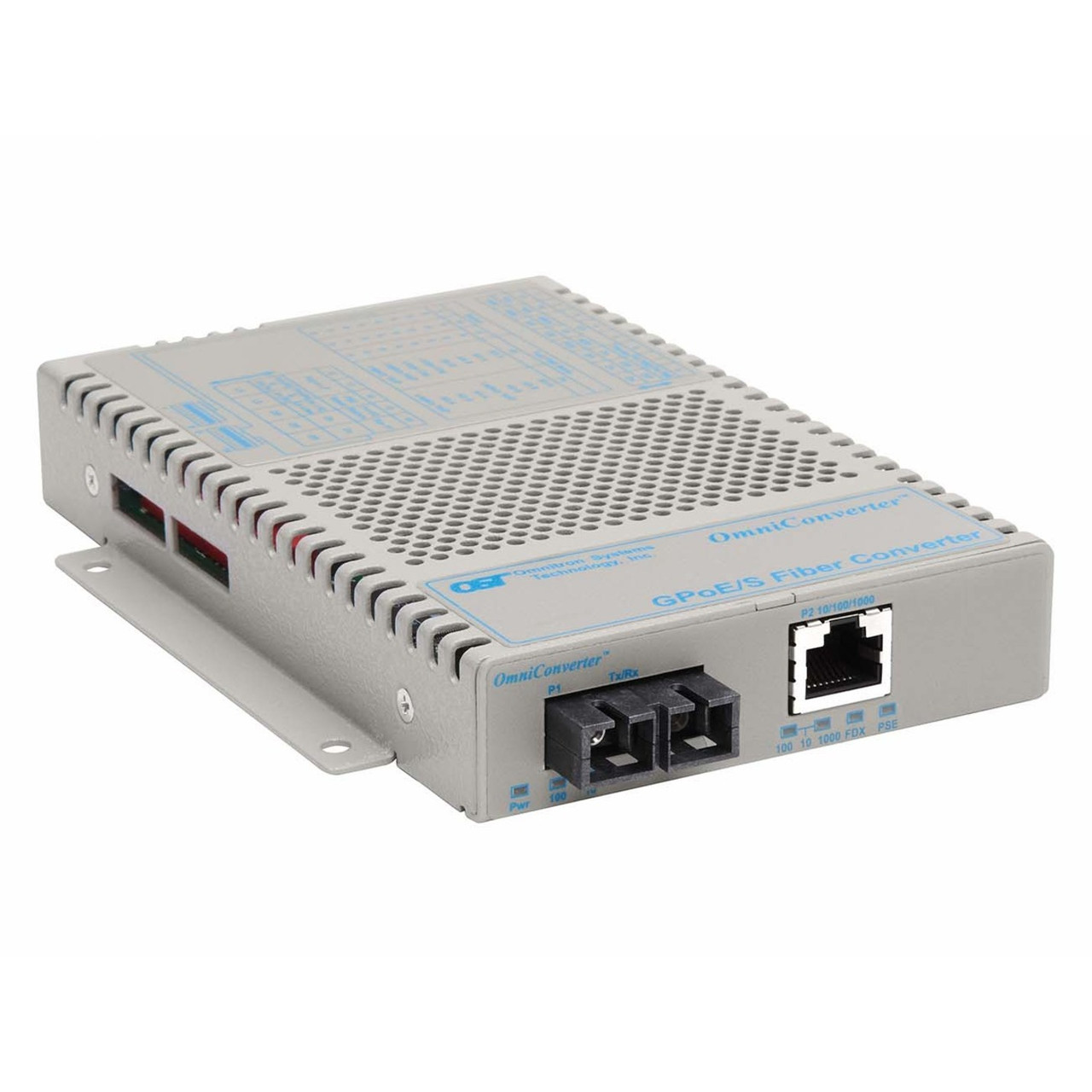 Omnitron OmniConverter 10/100/1000 PoE Gigabit Ethernet Fiber Media Converter Switch RJ45 SC Single-Mode 12km Extended Temp - 1 x 10/100/1000BASE-T; 1 x 1000BASE-LX; US AC Powered; Lifetime Warranty - 9403-1-11Z