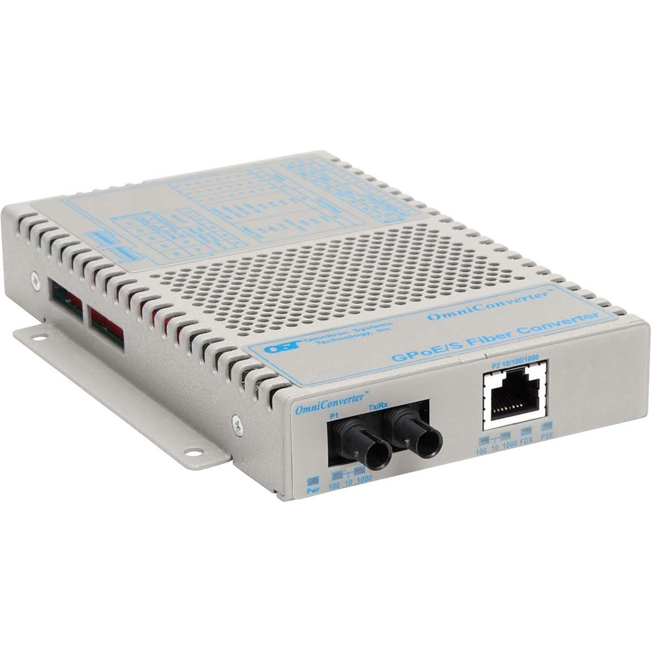 Omnitron OmniConverter 10/100/1000 PoE Gigabit Ethernet Fiber Media Converter Switch RJ45 ST Multimode 550m - 1 x 10/100/1000BASE-T, 1 x 1000BASE-SX, US AC Powered, Lifetime Warranty - 9400-0-11