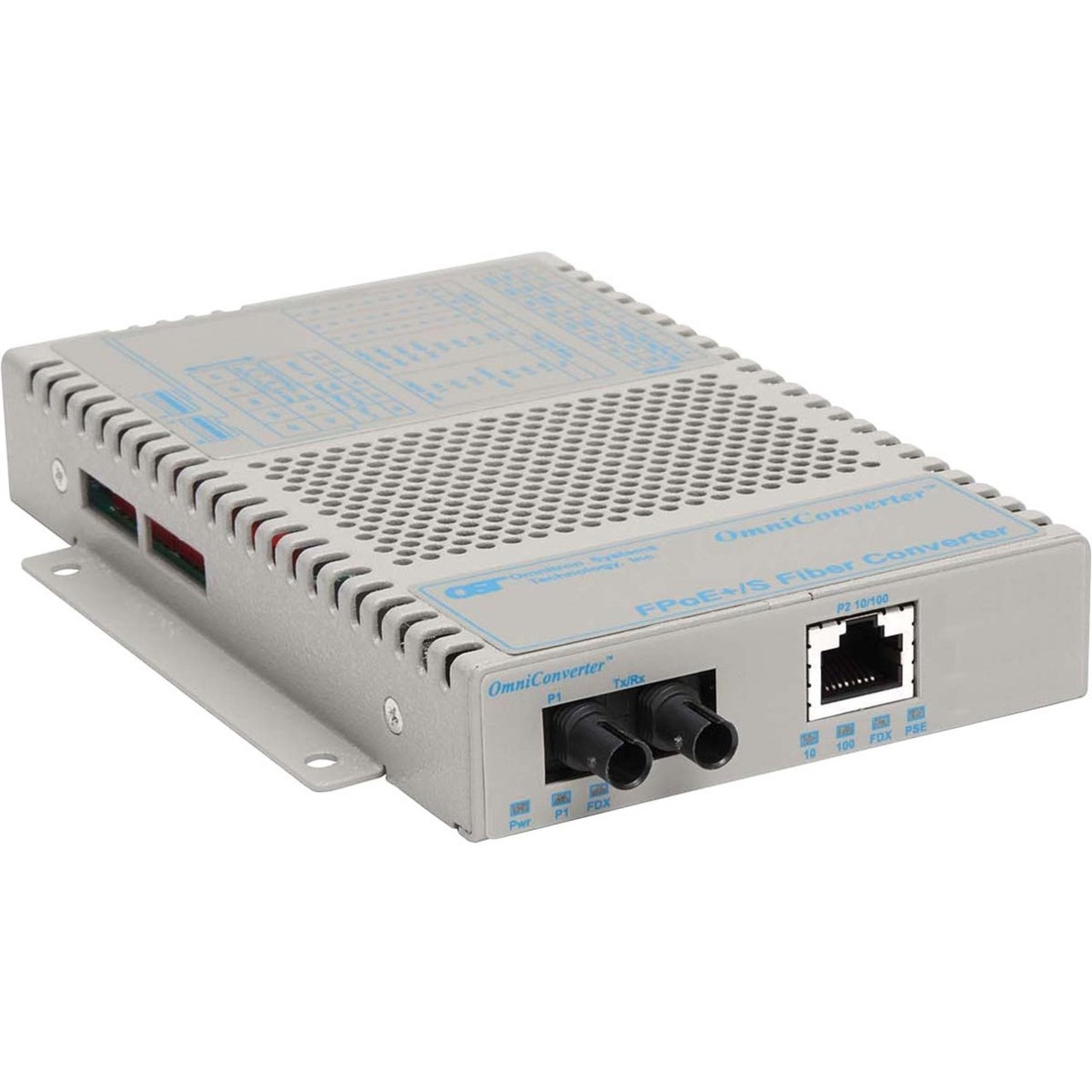 Omnitron Multi-port 10/100 Media Converter with Power over Ethernet (PoE/PoE+) - Network (RJ-45) - 1x PoE+ (RJ-45) Ports - 1 x ST Ports - 10/100Base-TX, 100Base-FX - Wall Mountable, Desktop, Rack-mountable - 9320-0-11Z