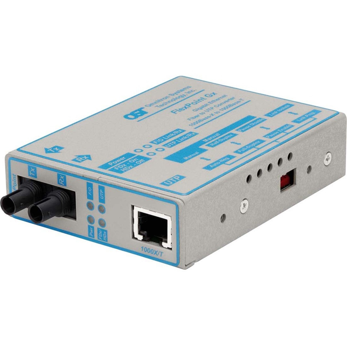 Omnitron Flexpoint Gx Gigabit Ethernet Copper-to-Fiber Media Converter - 1 x Network (RJ-45) - 1 x ST Ports - DuplexST Port - Single-mode - 0.1 mil Fiber - Gigabit Ethernet - 1000Base-T, 100Base-SX/LX - 12 km - Power Supply - 4377-1