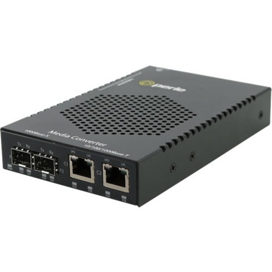 Perle S-1110DHP-DSFP Transceiver/Media Converter - 2 x Network (RJ-45) - Gigabit Ethernet - 1000Base-X, 10/100/1000Base-T - 328.08 ft - 2 x Expansion Slots - SFP (mini-GBIC) - 2 x SFP Slots - Rack-mountable - 05079634