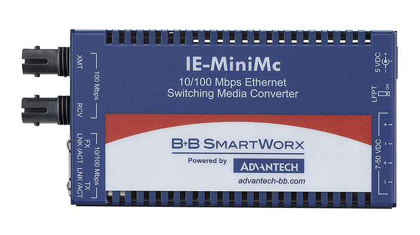 Advantech  B+B SmartWorx 10/100Mbps Miniature Media Converter - 1 x Network (RJ-45) - 1 x ST Ports - DuplexST Port - Multi-mode - 850 nm Fiber - Fast Ethernet - 100Base-TX, 100Base-FX - 2 km - DC - Rail-mountable, Wall Mountable - IMC-350I-M8ST