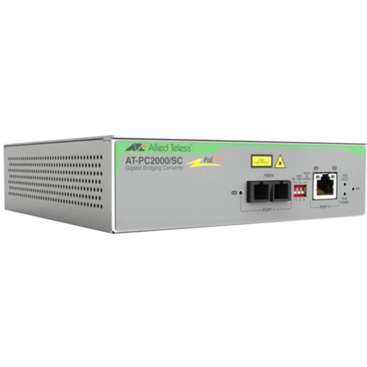 Allied Telesis PC2000/SC Transceiver/Media Converter Network (RJ-45) 1x PoE+ (RJ-45) Ports - 1 x SC Ports - Multi-mode - Gigabit Ethernet - 10/100/1000Base-T, 1000Base-SX - Power Supply - Standalone, Wall Mountable - TAA Compliant - AT-PC2000/SC-960