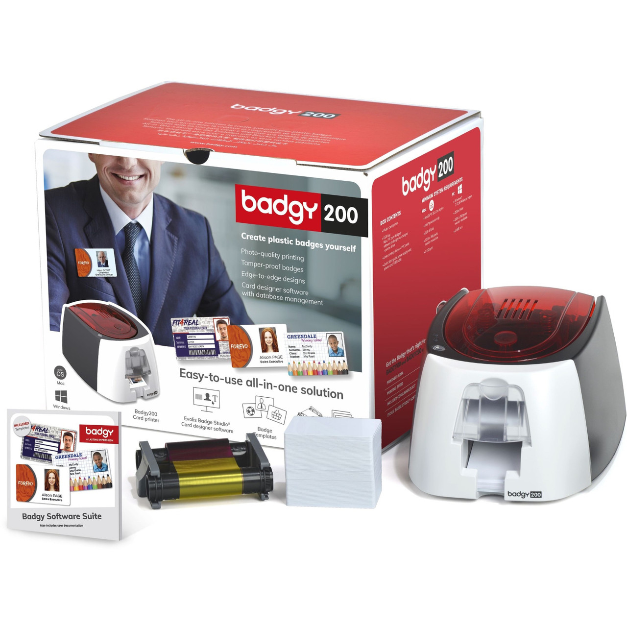 Badgy200 All-In-On ID Card Printing Solution by Evolis with Badge Studio Software - Print Professional Custom ID's On Demand- B22U0000RS