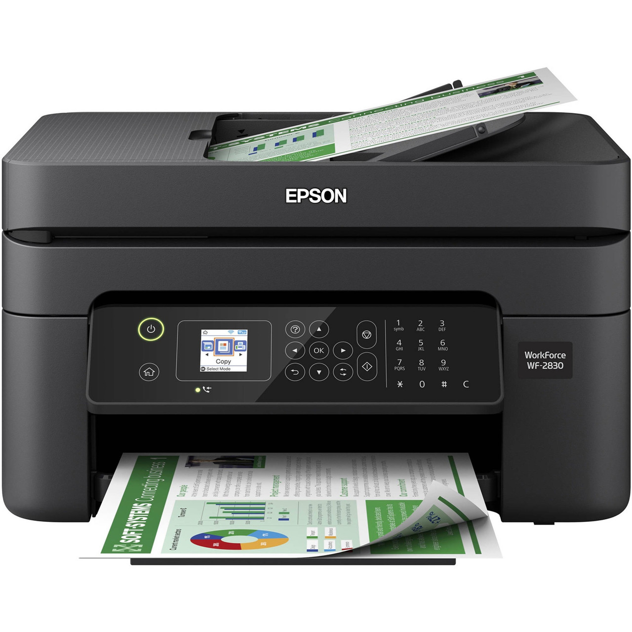 Epson WorkForce WF-2830 Inkjet Multifunction Printer-Color-Copier/Fax/Scanner-5760x1440 dpi Print-Automatic Duplex Print-100 sheets Input-Color Flatbed Scanner-1200 dpi Optical Scan-Wireless LAN-Mopria-Wi-Fi Direct-Epson iPrint - C11CG30201