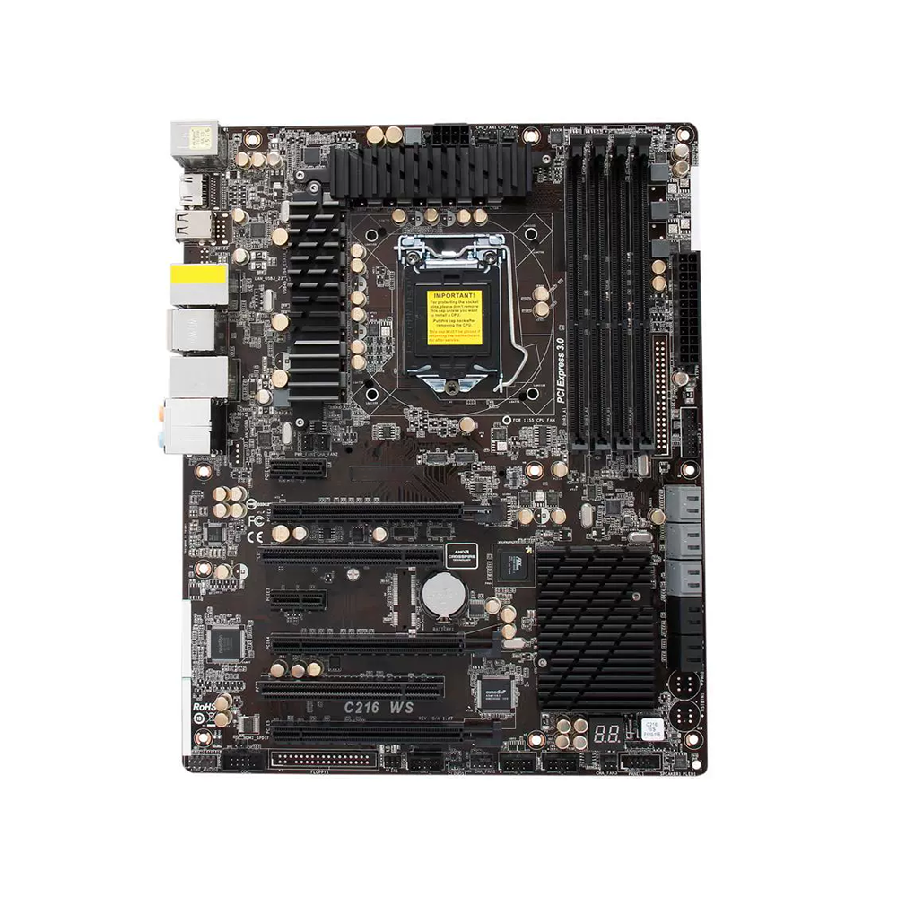 AsRock C216 WS Motherboard - Premium Gold Caps - Digi Power Design, 8 + 4 Power Phase Design - Supports Dual Channel DDR3 1600 - 2 x PCIe 3.0 x16 Slots, 1 x PCIe 2.0 x16 Slot, Supports AMD 3-Way CrossFireX