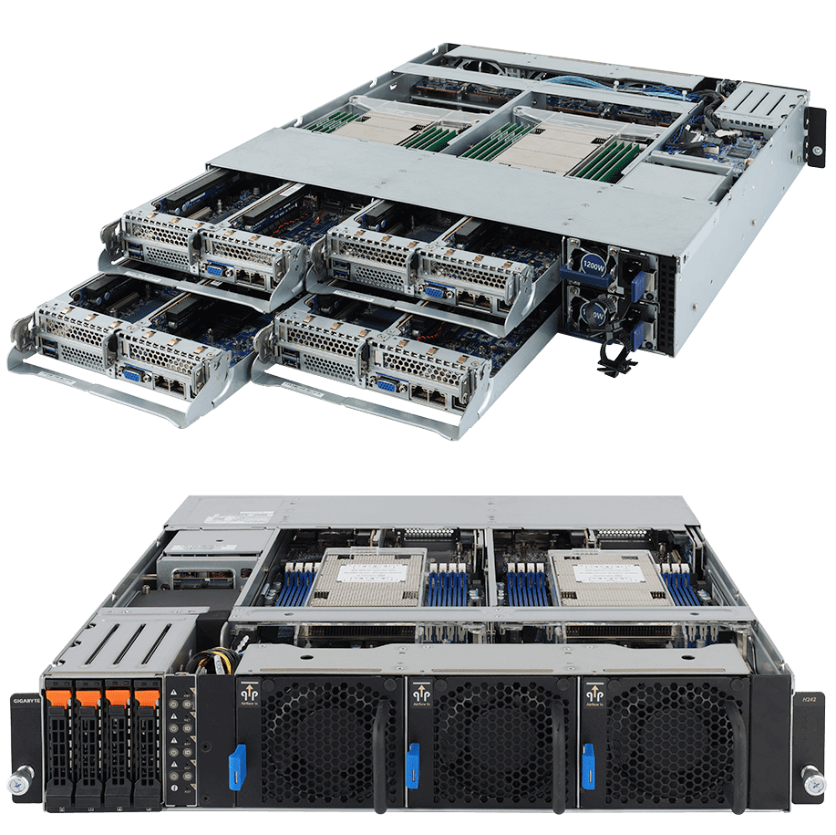 Gigabyte AMD Rome /Milan 2U4N UP Edge Server MZ12-HD0, 8 DIMMs DDR4 per node, x 2.5NVMe Hot-Swap SSD per node,2 x 1200W Redundnat PSU Rear access - H242-Z10