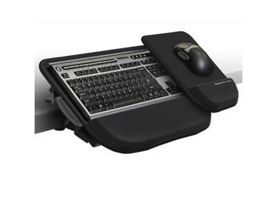 Fellowes Tilt n Slide Pro Keyboard Manager features the Comfort Glide System - mouse tray slides over numeric key pad. Attaches to desktop edge without tools, which allows platform to tilt or slide with ease - 8060201