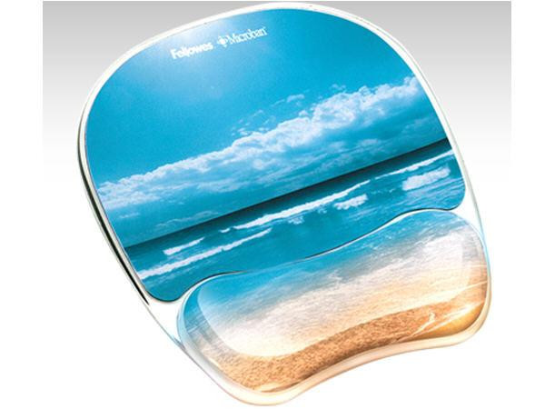 Fellowes Stylish, transparent gel adds color to your workspace with Sandy Beach design Self-adjusting gel support conforms to your wrist for personalized comfort New and improved Microban antimicrobial protection keeps your product cleaner - 9179501