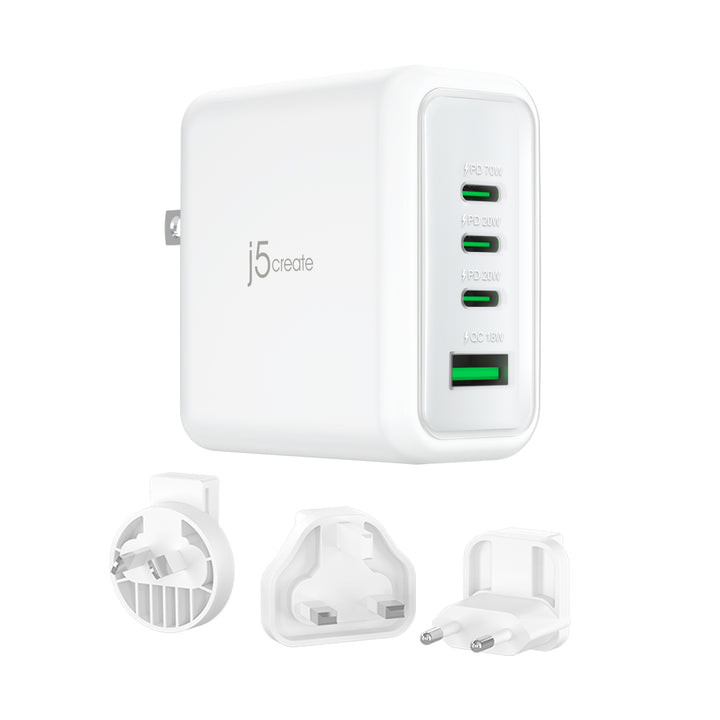 j5create 70W GaN USB-C 4-Port Charger with Changeable AC Plugs  - JUP4370V