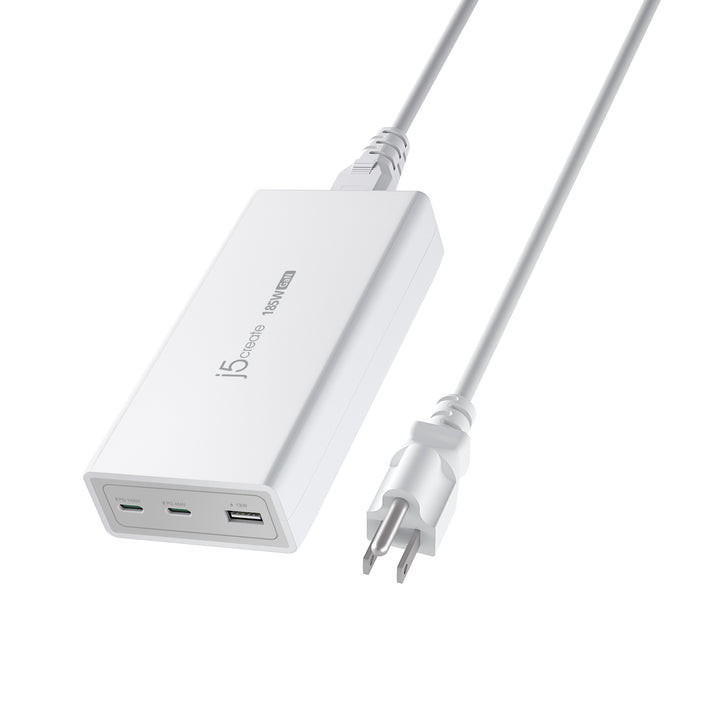 j5create 185W GaN PD 3.1 USB-C 3-Port Charger, USB-C PD x 2 & USB Type-A x 1 with Auto Balance Output - JUP37185W