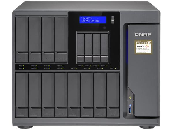 Qnap 12 (+4) Bay High-Capacity 10GbE iSCSI NAS, AMD Ryzen 3 1200 4-core 3.1GHz, 4GB RAM, SATA6G, 4 x 1GbE, 2 x 10GbE (Base-T, supports 10G/5G/2.5G/1G/100M), 40GbE-ready - TS-1677X-1200-4G-US