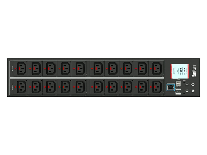 Raritan 1PH, 208V AC, 30A (24A rated); 20 outlets: 20x C13 Locking; plug: NEMA L6-30P (Rear feed), 5.0kVA; Outlet Metered/Switched, 2U horizontal PDU, high resolution color display - PX3-5460R-E2K5