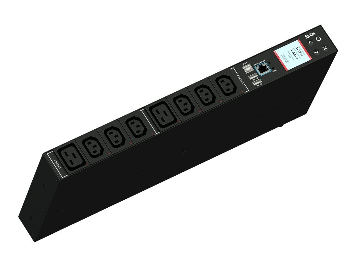 Raritan 1PH, 230V AC, 32A (32A rated);8 outlets: 6x C13, 2x C19;plug: IEC 60309 2P+E 6h 32A (Rear feed), 7.4kVA;Outlet Metered/Switched, 1U horizontal PDU, SecureLock ready, high resolution color display, Ethernet - PX3-5205NR-A6