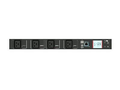 Raritan 1PH, 230V AC, 32A (32A rated); 4 outlets: 4x C19; plug: IEC 60309 2P+E 6h 32A (Rear feed), 7.4kVA; Outlet Metered/Switched, 1U horizontal PDU, SecureLock ready, high resolution color display, Ethernet - PX3-5092R-F8