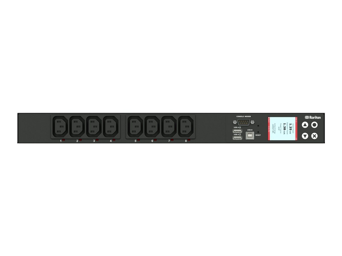 Raritan 1PH, 208V AC, 16A (16A rated); 8 outlets: 8x C13; plug: IEC 60320 C20 (Rear feed), 3.3kVA; Outlet Metered, 1U horizontal PDU, SecureLock ready, high resolution color display, Ethernet - PX3-4180CR-K2