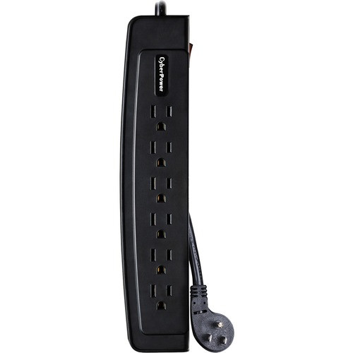 CyberPower CSP606T Professional 6 - Outlet Surge with 1350 J - Clamping Voltage 800V, 6 ft, NEMA 5-15P, Right Angle - 45° Offset, 15 Amp, EMI/RFI Filtration, Black, Lifetime Warranty 6OUT RIGHT ANGLE NEMA $75K 6FT CORD