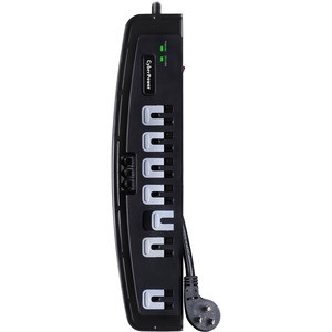 CyberPower CSP706T Professional 7 - Outlet Surge with 1650 J - Clamping Voltage 400V, 6 ft, NEMA 5-15P, 15 Amp, EMI/RFI Filtration, Black, Lifetime Warranty RIGHT ANGLE NEMA $125K 6FT CORD