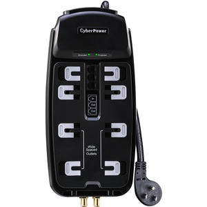 CyberPower CSHT808TC Home Theater 8 - Outlet Surge with 2850 J - Clamping Voltage 800V, 8 ft, NEMA 5-15P, Right Angle - 45° Offset, 15 Amp, EMI/RFI Filtration, Black, RG6 Coaxial Protection, Lifetime Warranty RIGHT ANGLE NEMA $300K 8FT CORD